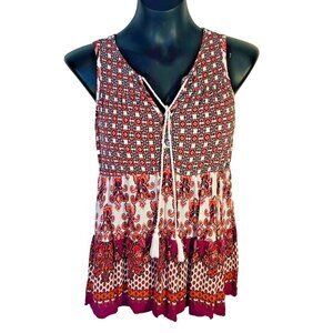 Bunulu - Women's S Tank Blouse Bohemian Fuschia Pink, Orange Paisley Ruffled